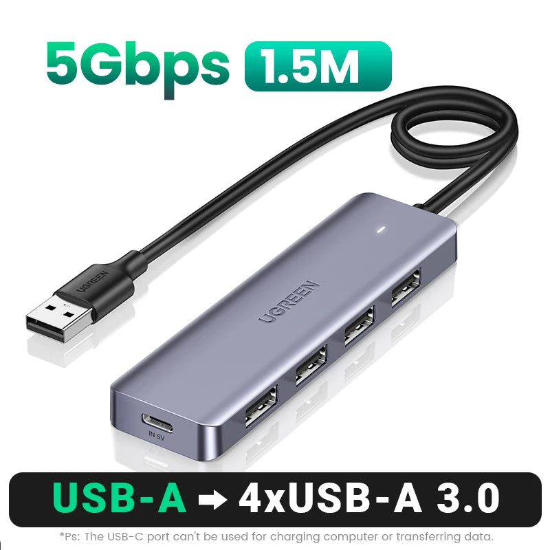 UGREEN USB HUB USB3.0 Splitter USB-A to 4xUSB-A 5Gbps Data Transfer Ports 5V/2A USB-C Power Supply for Desktop PC PS5 4 Laptop