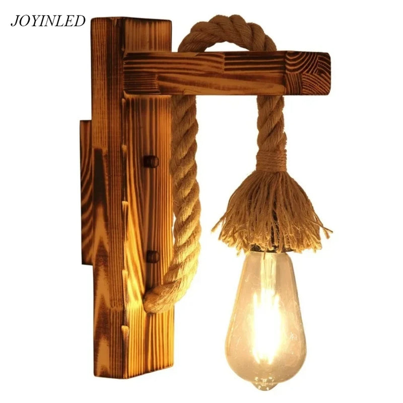 JOYINLED Vintage Country Single-head Pendant Light Wooden Hemp Rope Design Wall Lamp for Hallway Dining Room Bar Bedroom