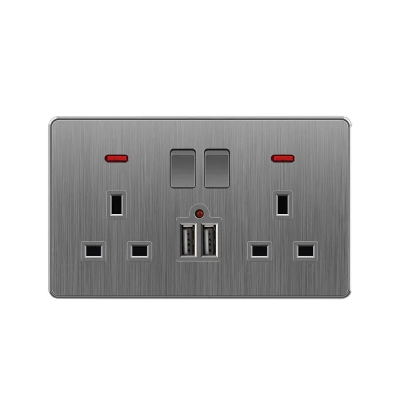 Nordic style large tilt plate grey 13A British standard electrical switch socket, universal wall dual socket with USB port 2.1A