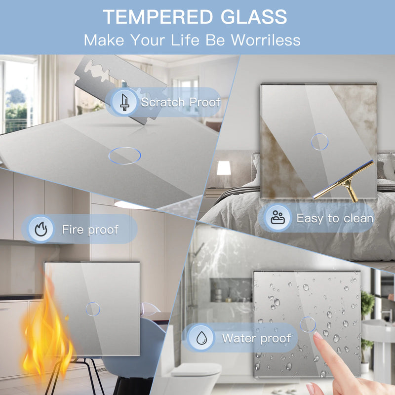 Bseed Wall Touch Light Switch 1/2/3Gang 2Way Light Switch With EU Socket USB Type-C Glass Panel Blue Backlight 240V for Stairs