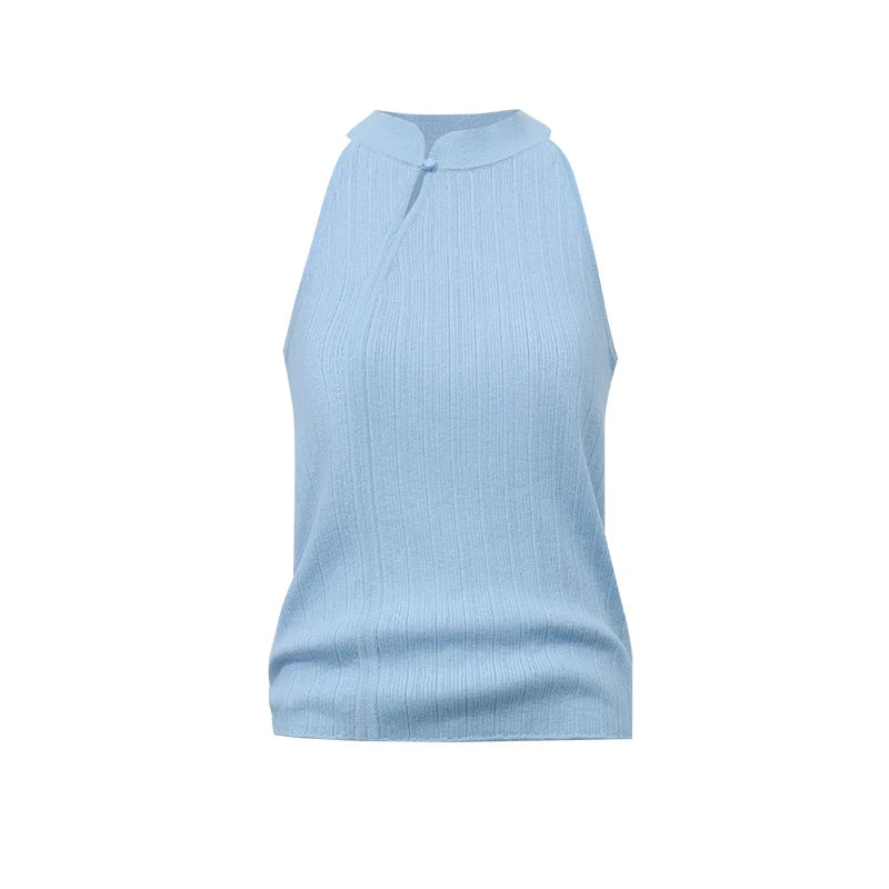 Amii Women Knit Top 2026 Summer New Chinese Style Halter Pullover Mandarin Collar Frog Button Sleeveless Slim Sweater 12622199
