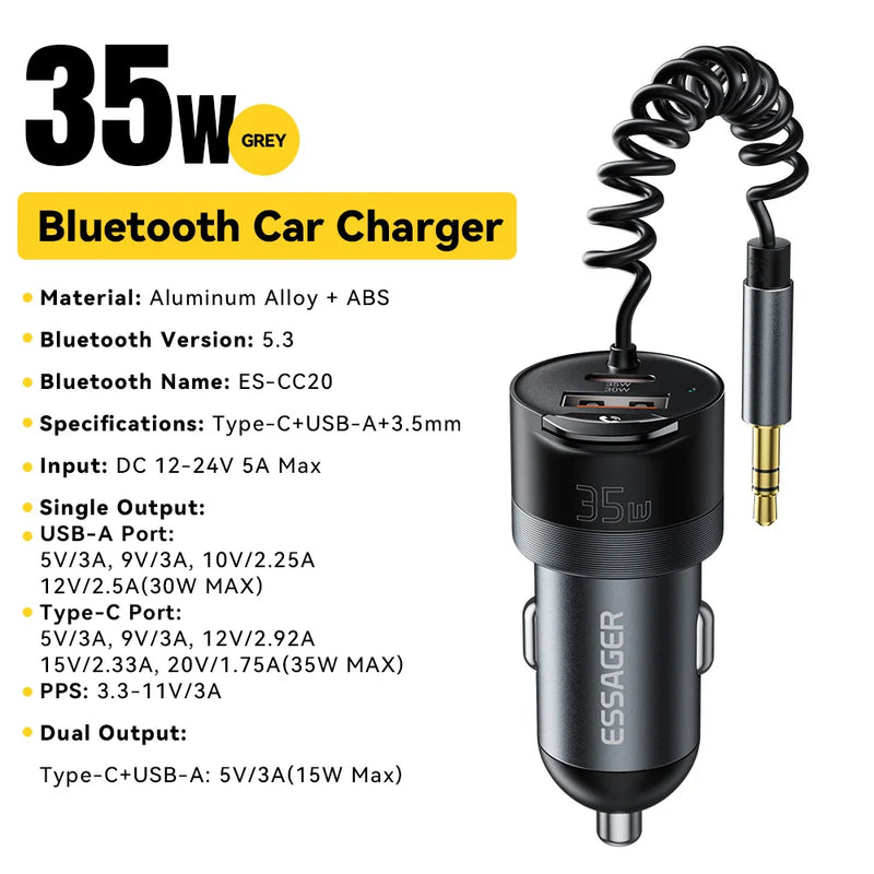 Essager Bluetooth 5.3 Car Charger 3.5mm AUX Adapter PD35W QC30W Car Fast Charger for iPhone 16 15 Pro Huawei Xiaomi Samsung iPad
