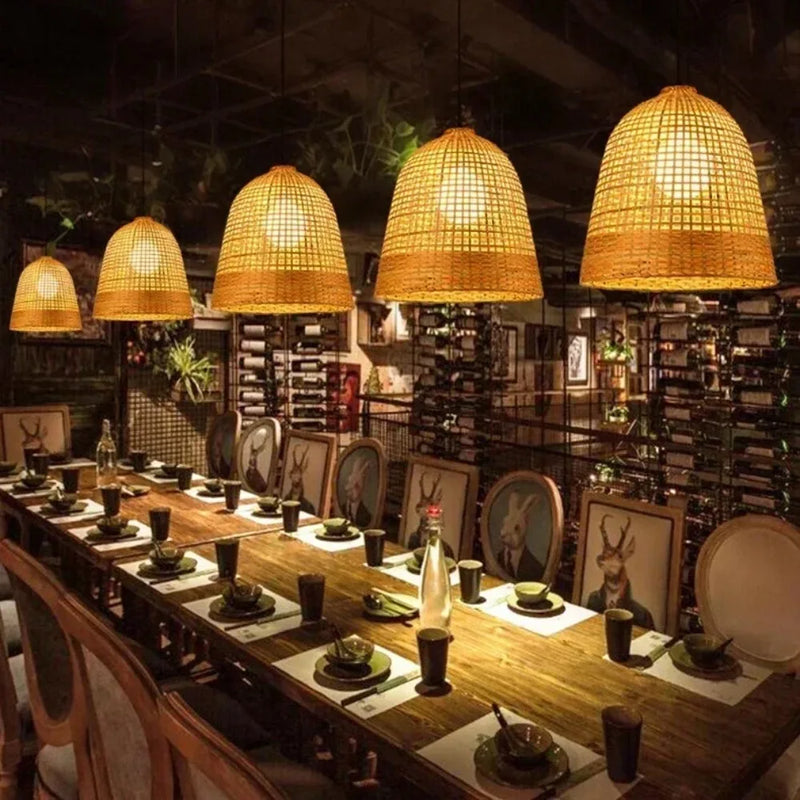 Japanese Style Pendant Light, Handmade Rattan Chandelier, Natural Woven Bamboo Wooden Lamp for Restaurant Cafe Home Decoration