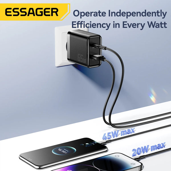 Essager 65W USB Type C GaN Charger QC 4.0 PD 3.0 Fast Charger for iPhone 16 15 14 13 Pro Max Samsung S24 Xiaomi MacBook Laptop