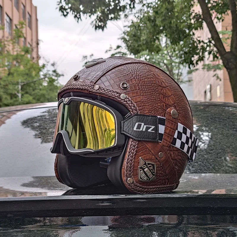 High quality PU leather retro 3/4 motorcycle helmet, suitable for scooters, cruising motorcycles, and half helmets