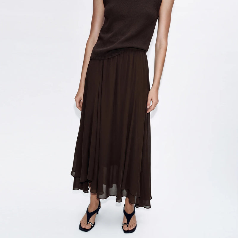 Amii Women's Chiffon Skirt 2026 Summer New Asymmetric Hem Romantic Flowy Casual Elastic Waist Long Skirt For Women 12652049
