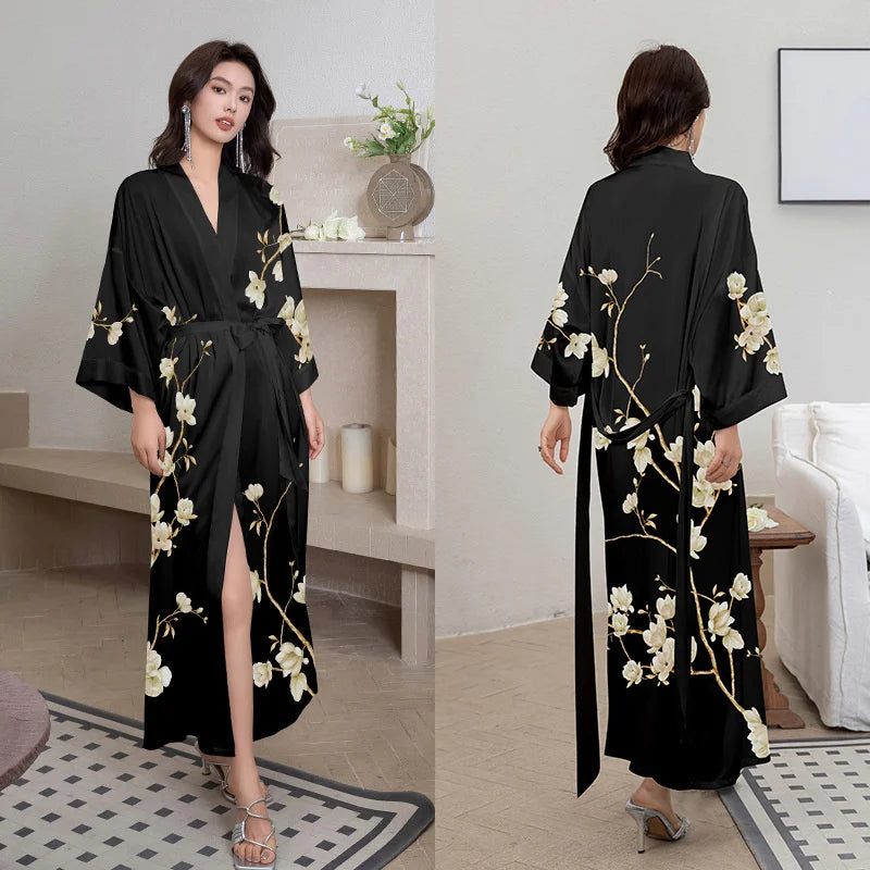 Women Ice Silk Rayon Home Dress Black Print Flower Long Robe Nightgown Spring Summer Half Sleeve Kimono Bathrobe Gown