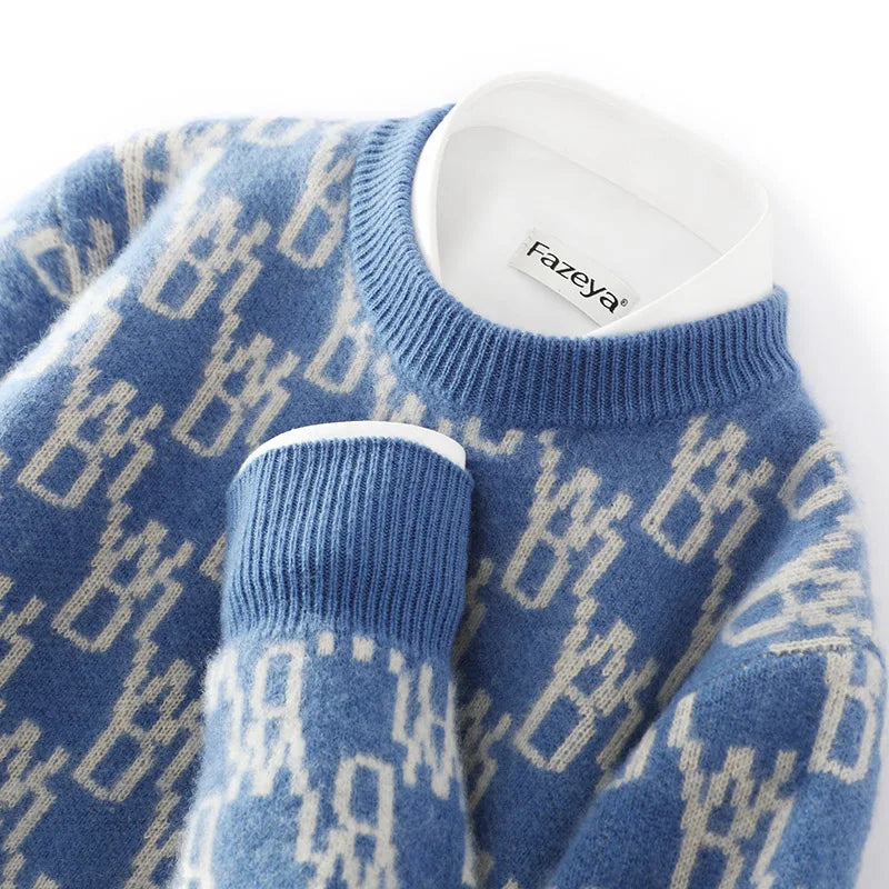 Unisex 100% Wool Sweater, Color Block Jacquard Round Neck, Loose Fit Winter New, High-end Fashionable Warm