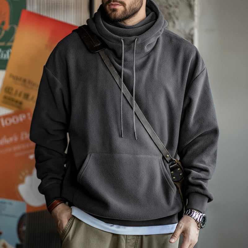 Maden Casual Polar Fleece Hooded Sweatshirt Solid Color Windproof Pullover with Face Mask Warm Tops for Men's Fall and Winter