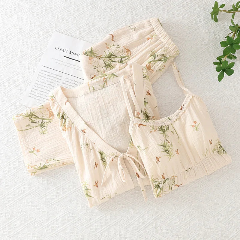 ឈុតផ្កាបីដុំ Pijama Mujer ថ្មីកប្បាសនិទាឃរដូវរដូវស្លឹកឈើជ្រុះ Pajamas ឈុត 3/4 ដៃអាវគេងសម្រាប់ស្ត្រី ឈុតគេងនៅផ្ទះ Pajama Femme