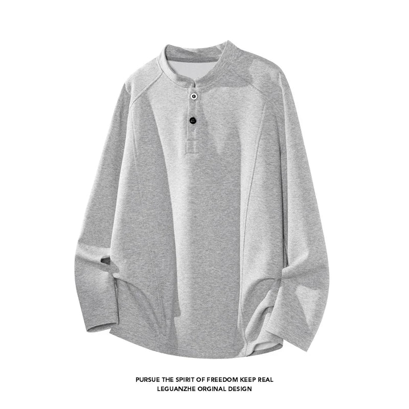 Male Raglan Sleeve Henley Pullover Stand Collar Two Button Long Sleeve Breathable Fabric Casual Travel Garment