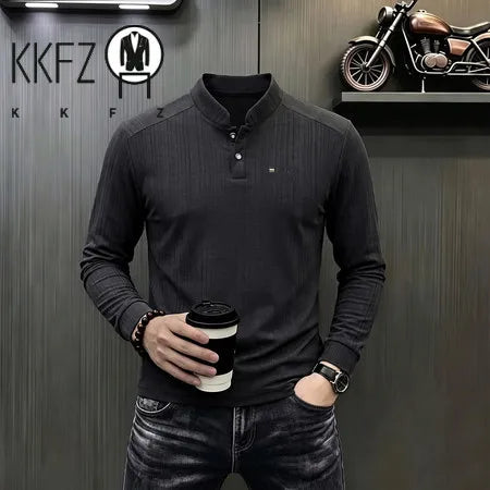 Breathable Vertical Texture Henley Pullover Men Long Sleeve Mandarin Collar Two Button Front Versatile Everyday Garment