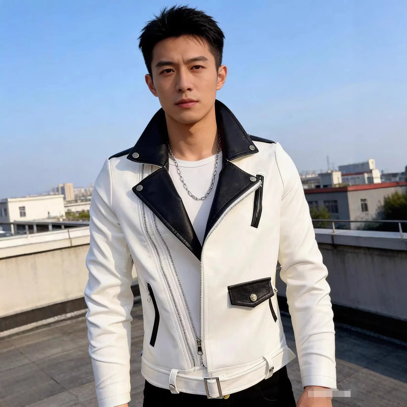Spring Men's Long-Sleeve Synthetic Leather Jacket, Black and White Color-Blocked Decorative PU Outerwear, Fashionable Biker Coat