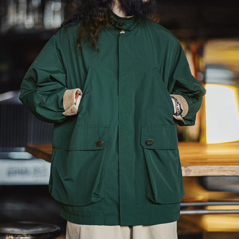 Maden Men's Retro Multi-pocket Safari Jacket Green Loose Corduroy Lapel Classic Coat Versatile Outerwear for Spring and Autumn