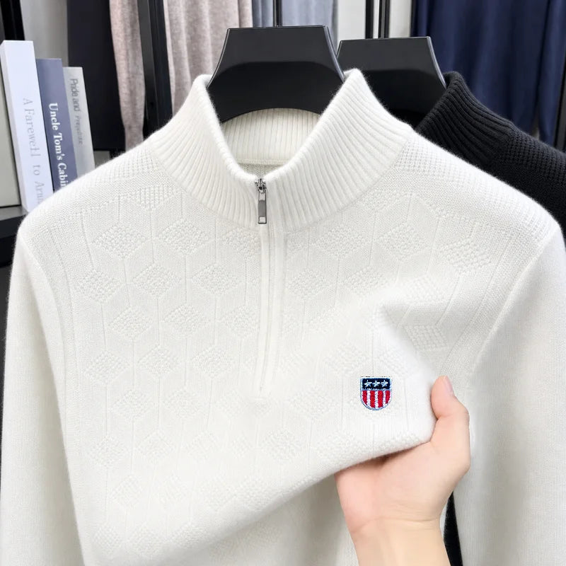 Luxury Man Snug Long-Sleeved Knitwear Mock Neck Zipper Embroidery Diamond Pattern Autumn Winter New Pullover Leisure MensSweater