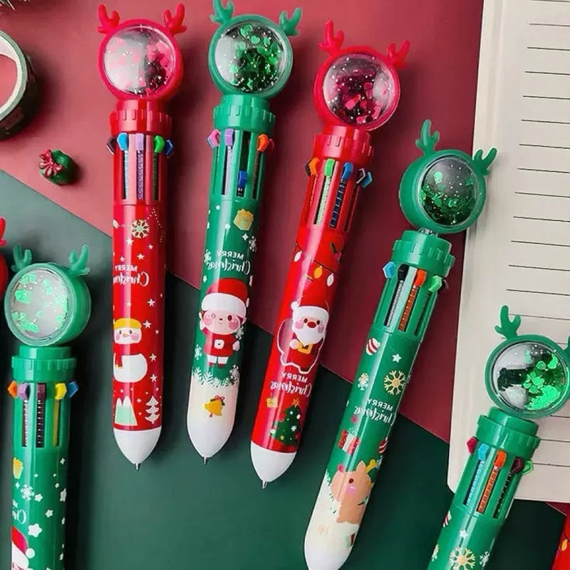 2026 Christmas Press-on Coloured Pens Ballpoint Pens Student Santa Press-on Ballpoint Pens Christmas Stationery 10 Colours 0.5mm