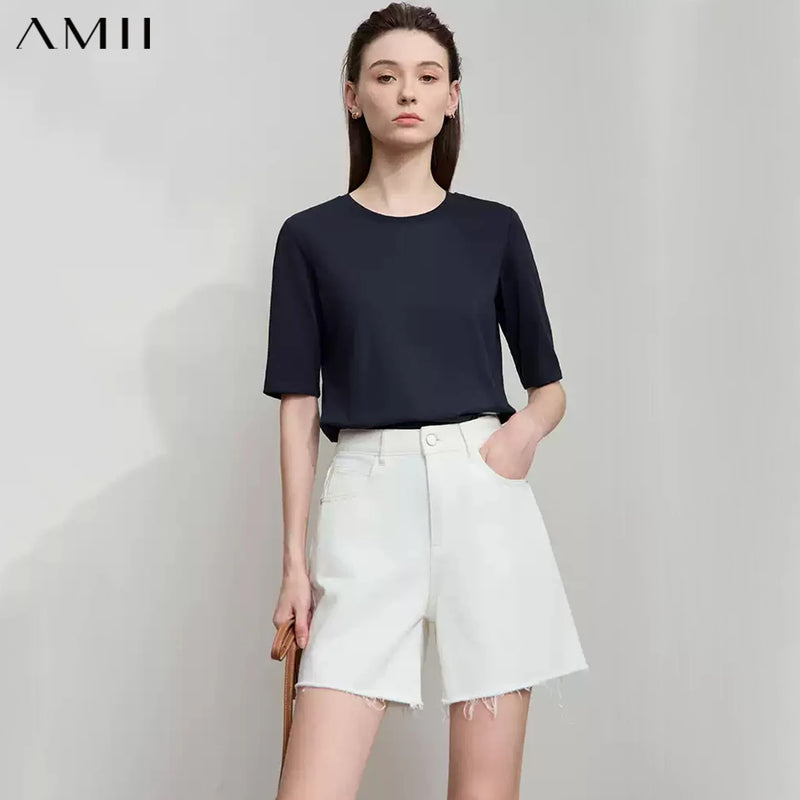 AMII Minimalism 2026 Summer T-shirts For Women New Cotton Stretch Half Sleeve Straight Solid Basics Office Lady Tops 12522172