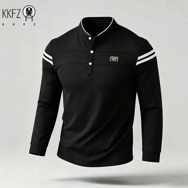 Mens Basic Stand Collar Long Sleeve Polo Top Sleeve Stripes Suitable For Vacation Short Trip And Multiple Leisure Scenes