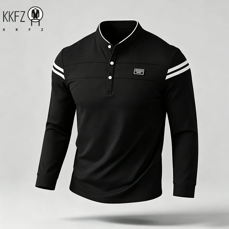 Mens Basic Stand Collar Long Sleeve Polo Top Sleeve Stripes Suitable For Vacation Short Trip And Multiple Leisure Scenes