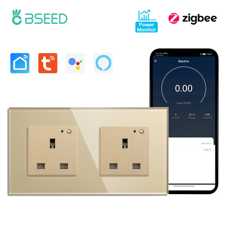 BSEED UK Standard Zigbee Power Monitor Socket Smart Double Electric Power Outlets Tuya Smart Iife Google Home Control 13A
