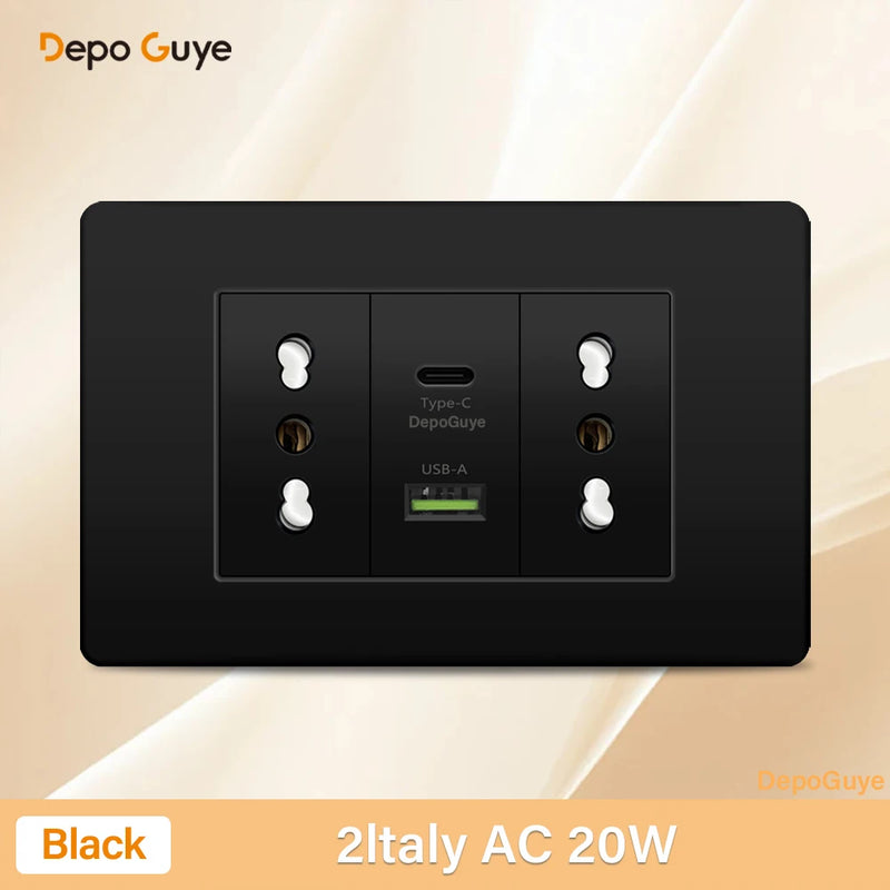 Italy Chile Mexico Outlet with USB Smart Type-c 20W Fast Charging Wall plug,Brazil Electric Light Switch Dual usb Power Socket