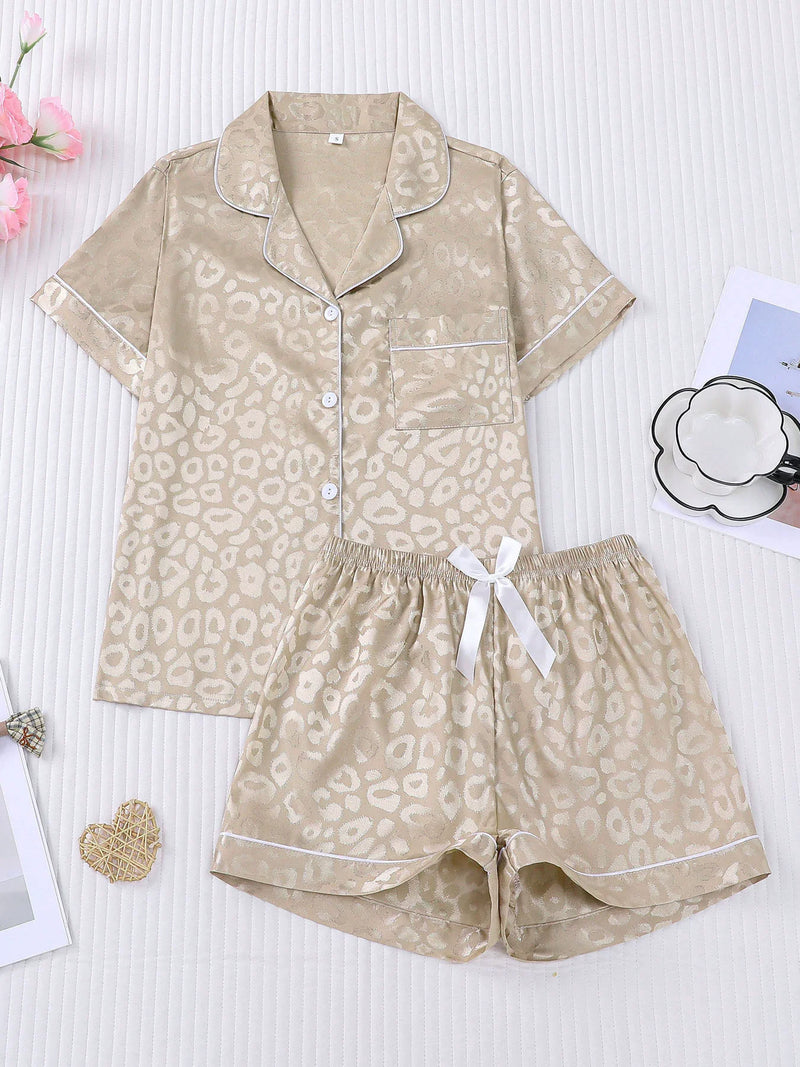 Leopard Print Summer Pajamas with Shorts Lapel Collar Tops Loungewear Sets Woman Nightwear New Ice Silk Short Sleeve Sleepwear