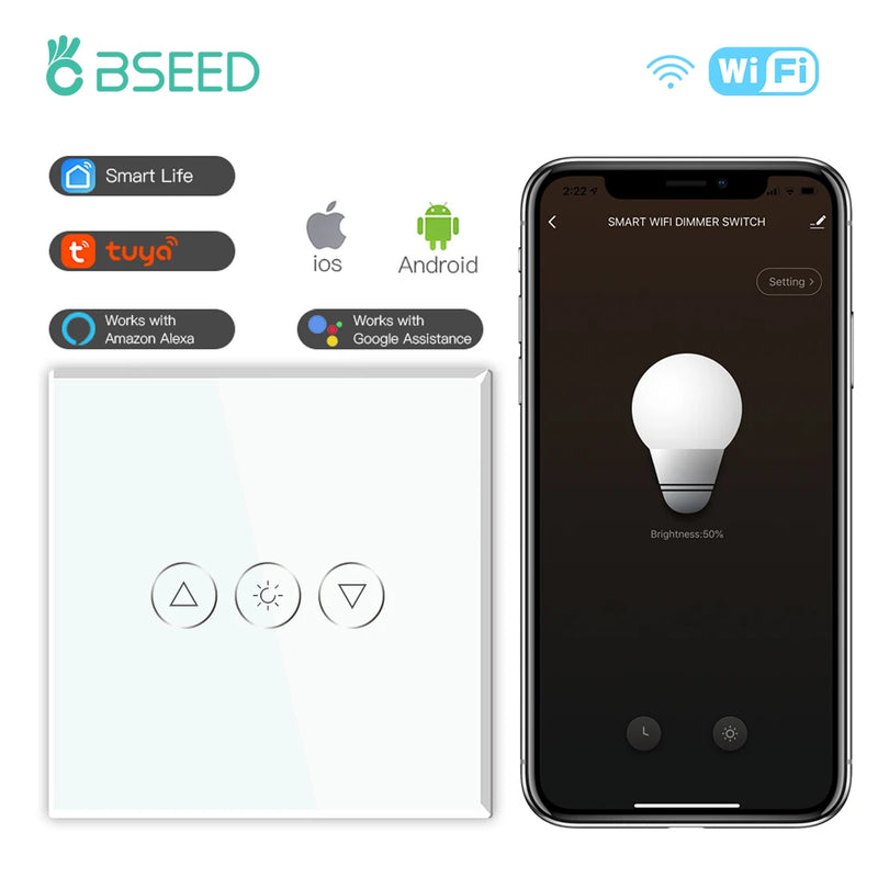 BSEED Wifi Dimmer Switch Smart Dimmable Touch Switch With EU Socket Glass Panel Support Tuya Smart Life Google Home Control
