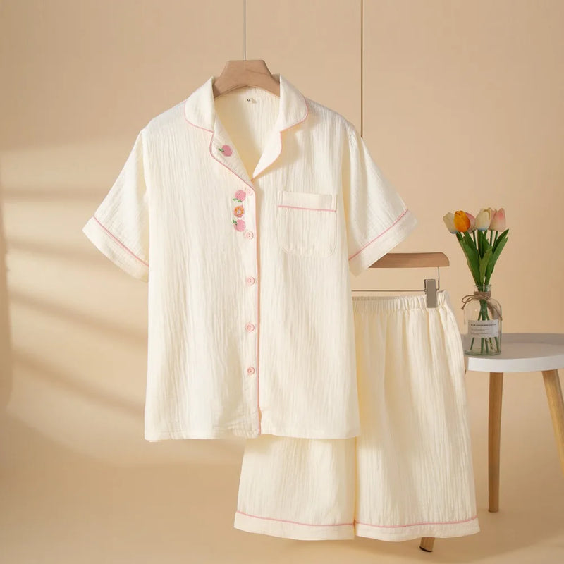 100% Cotton Pajamas for Woman Nightwear Cardigan Lapel Short Sleeve Top Two Piece Loungewear Sleepwear Women's Cotton Pijama
