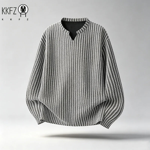 Men Casual Textured Knit Long Sleeve Tee V Notch Collar Vertical Stripe Oversized Fit Male Streetwear Top