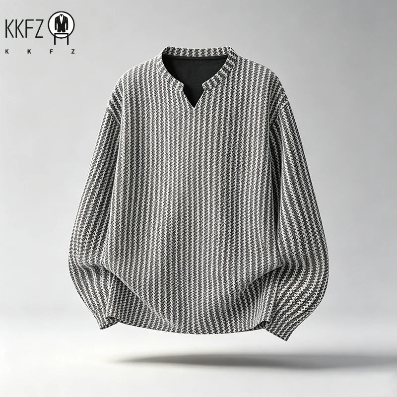 Men Casual Textured Knit Long Sleeve Tee V Notch Collar Vertical Stripe Oversized Fit Male Streetwear Top