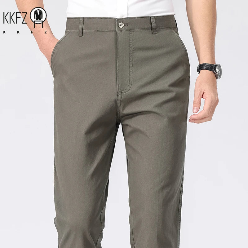 Men Cotton Straight Casual Chinos Soft Breathable Twill Fabric Zip Fly Side Slash Pockets Office Daily Commuting Long Bottoms