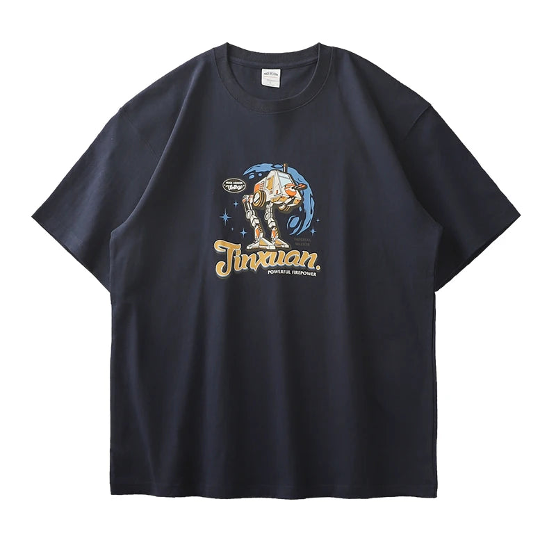 Dukeen 320g Heavyweight Oversized Short-Sleeved T Shirt Men Summer Plus Size Cotton Robot Printing Tees Couples