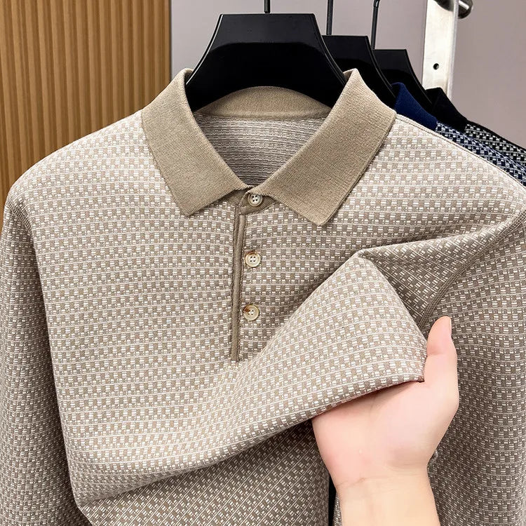 Men's 100% Cotton Long Sleeve Polo Shirt Classic Houndstooth Pattern Invisible Placket Casual Top