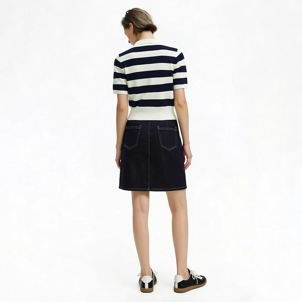 Amii Stripe Women's Knit Top 2026 Summer New Polo Neck Short Sleeve Sweater Slim Fit Casual Cropped Pullover For Women 12622209
