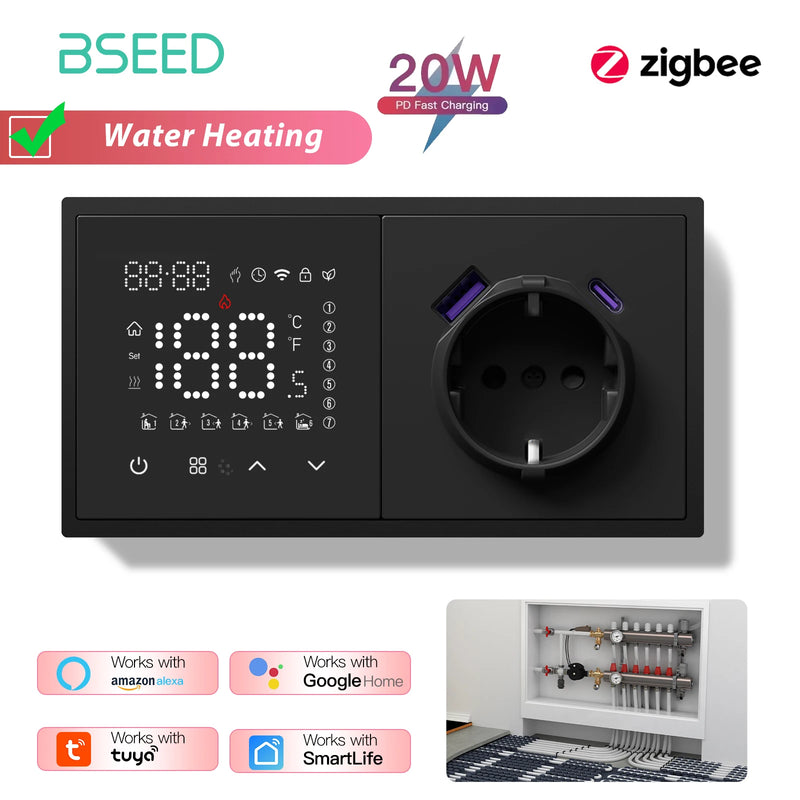 BSEED Zigbee Thermostat Smart Electric Floor Heating Water Boiler With Socket Alexa Google Temperature Controller Plastic Frame