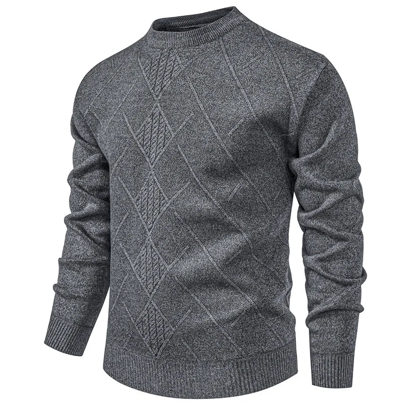 Semi Formal Male Winter Sweater Thick Fleece Lining Geometric Diamond Woven Pattern Crew Neck Long Sleeve Top