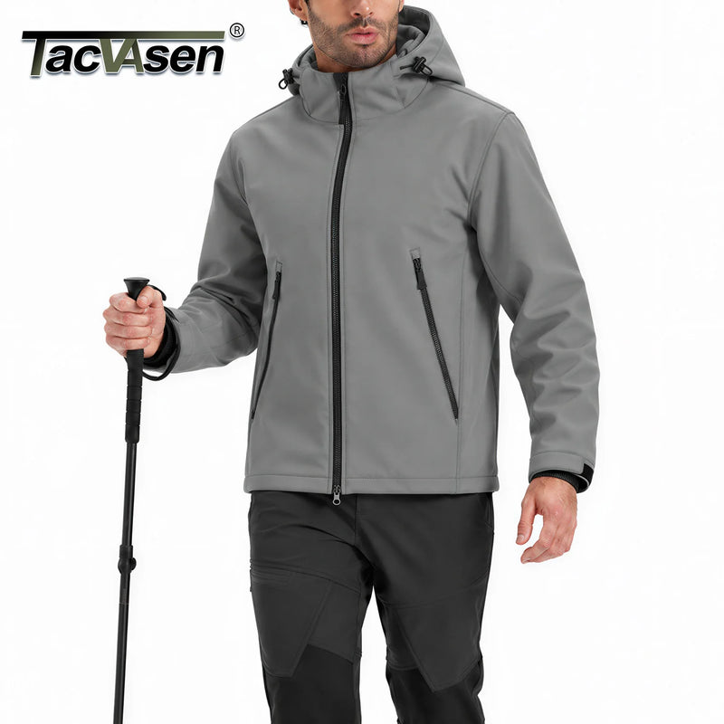 TACVASEN Autumn And Winter Men's Softshell Hooded Waterproof Fleece Lightweight Jacket Windproof Coat With 2 Pockets For Hiking