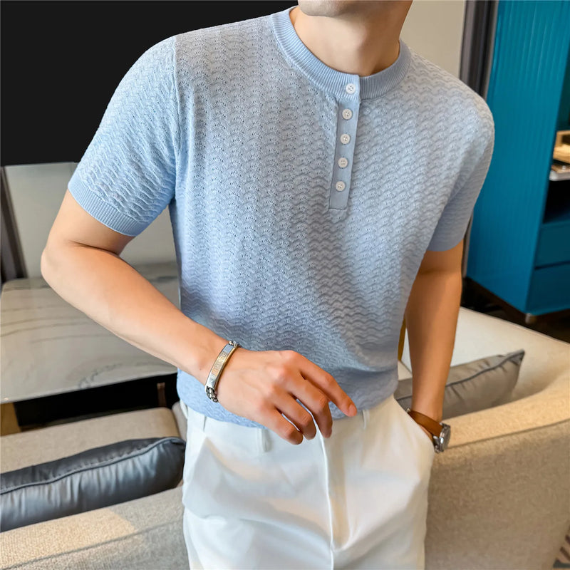 Men's Short Sleeve Polo Shirt Diamond Jacquard Texture Knitted Slim Fit Henley Collar Business Casual T-Shirt Old Money Style