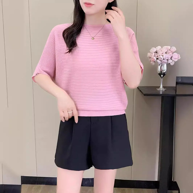 Female Jumper Korean Short Knitted Sweater One-word Collar Top Women's Five-quarter Sleeves Spring Autumn Pullover Shirt