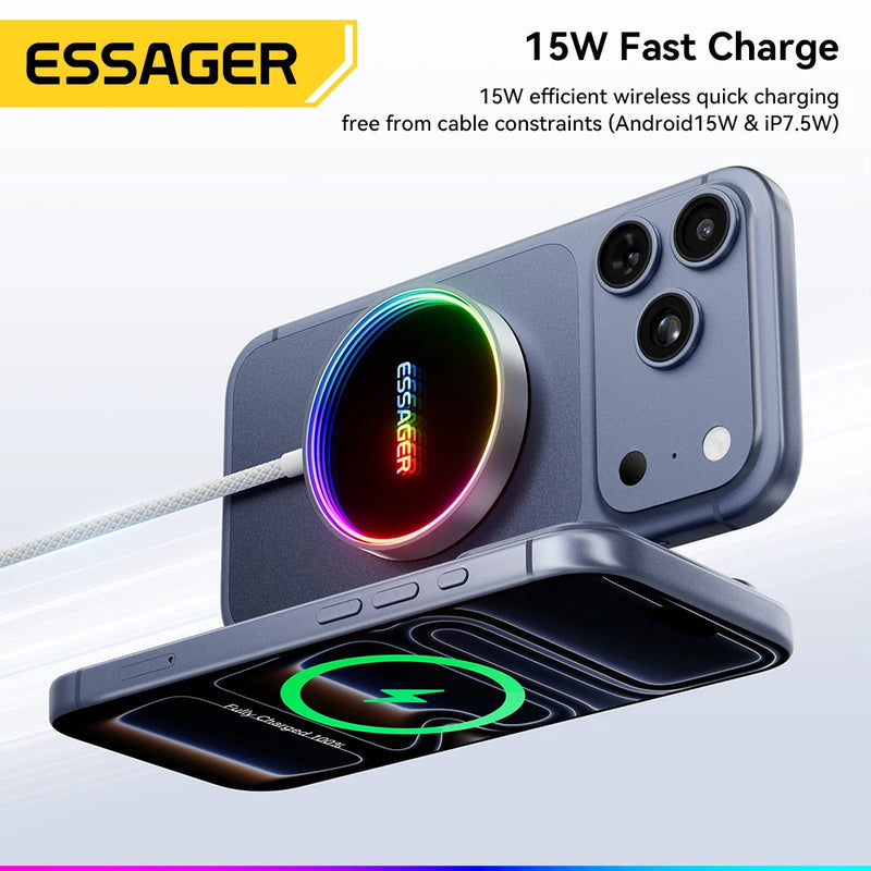 ឆ្នាំងសាកឥតខ្សែ ESSAGER 15W ម៉ាញេទិក RGB សាកថ្មទូរស័ព្ទលឿនសម្រាប់ iPhone 16 15 14 13 Pro សម្រាប់ Macsafe Phone Charging Dock