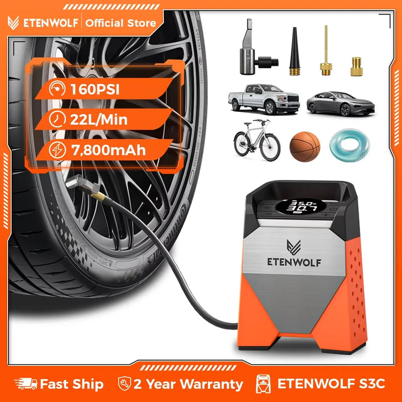 ម៉ាស៊ីនបង្ហាប់រថយន្ត ETENWOLF S3C 7800mAh 160 PSI ម៉ាស៊ីនបូមខ្យល់កង់រថយន្តចល័ត អគ្គិសនី ឥតខ្សែ ឧបករណ៍ Powerbank LED