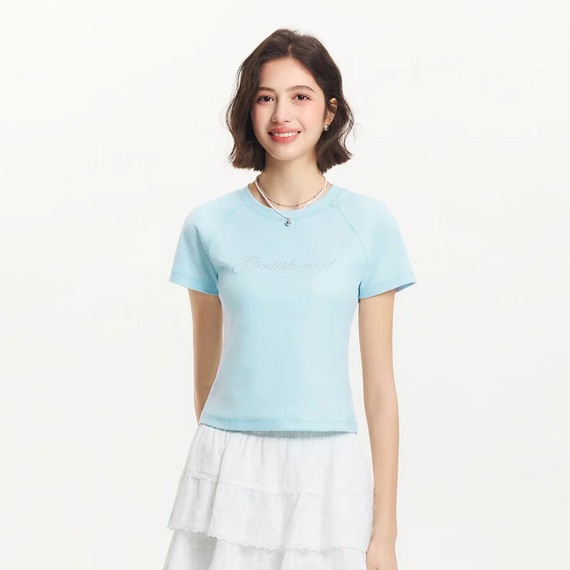 Semir Letter Print Short Sleeve T-Shirt Women Raglan Sleeve Rhinestone Design 2025 Summer Fashion Elegant Top for Party Wear