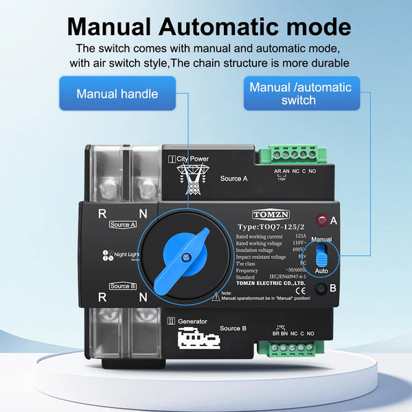 TOMZN Din Rail ATS 110V 120V Dual Power Automatic Transfer Electrical Selector Switch Uninterrupted 2P 63A 100A 125A
