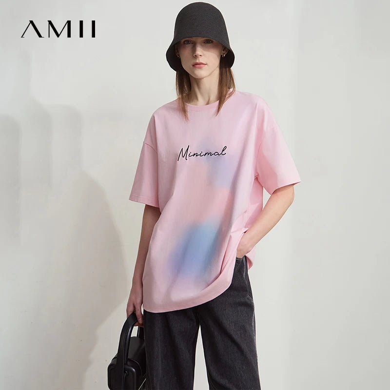 Amii Women's 2026 Summer T-shirt Loose Mid Length Letter Embroidery Dopamine Colorful Tees Gradient Female T-shirt 12512011