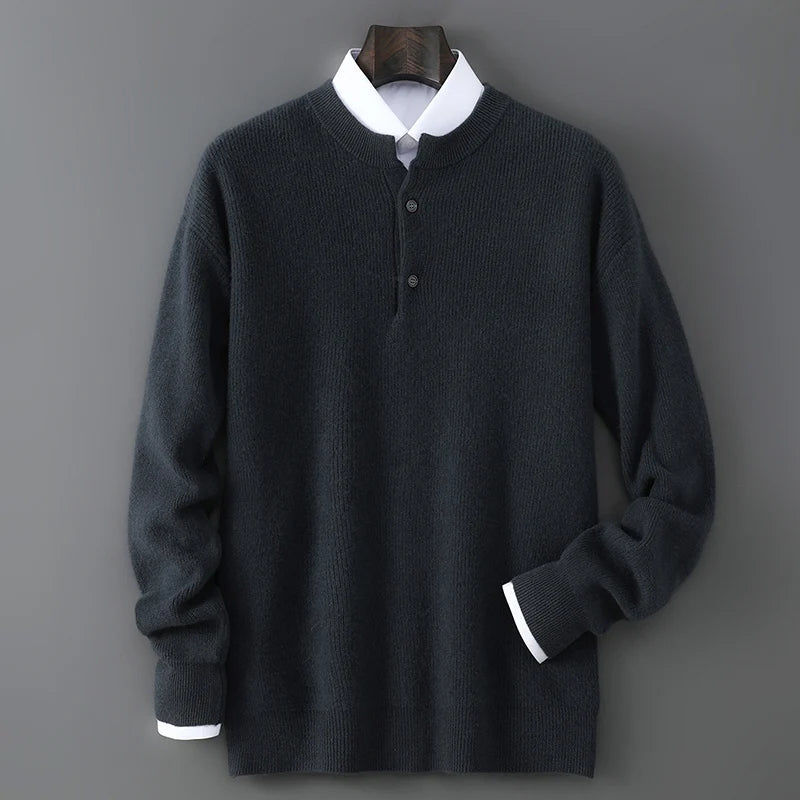 100% Wool Sweater, Round Neck Button Detail, Solid Jacquard Knit, Loose Fit Autumn Winter