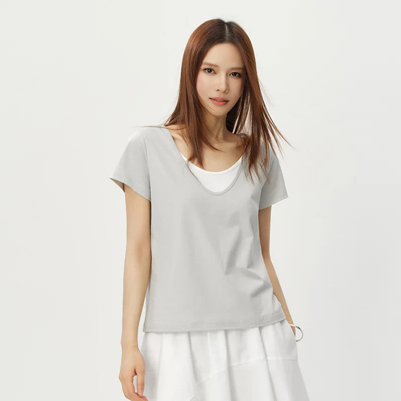 Semir Womens Tshirt 2026 Cotton Linen Fake Two Piece Color Block U Neck Elegant Simple Casual