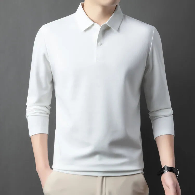 Premium Silk & Wool Blend Polo Shirt - Soft Winter Fleece Lining Luxury Business Casual Wear