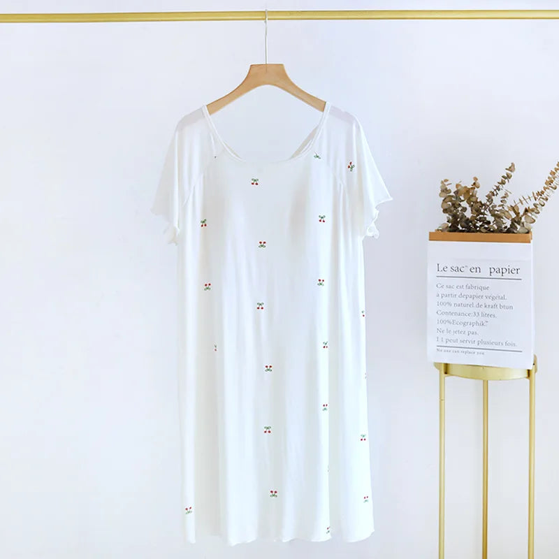 Modal Comfortable Chest Pad Sleep Shirts Short Sleeve Summer Night Dress Women Cute Printed Sleepwear Nightgowns Ladies Nighty