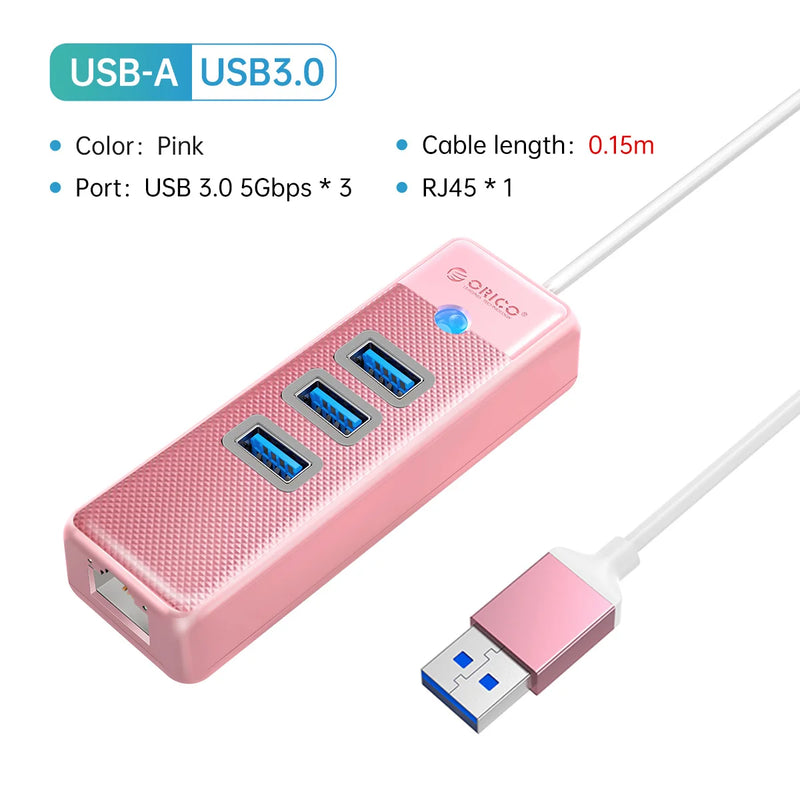 ORICO 3 Ports 5Gbps USB 3.0 RJ45 HUB 1000Mbps Ethernet Lan Adapter Gigabit Network Card For MacBook Laptop Computer Accessories