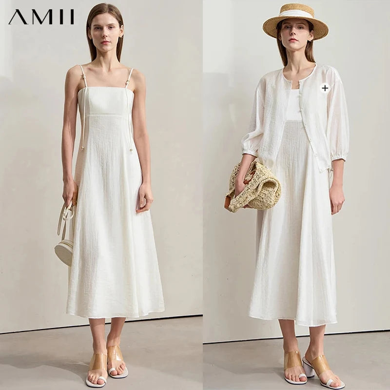 រ៉ូបអាវកាក់ Amii Minimalism ឆ្នាំ ២០២៥ សម្លៀកបំពាក់នារីថ្មីសម្រាប់ឆ្នេរខ្សាច់ រ៉ូបវែងស្តើង អក្សរសាស្ត្រ Cami ពណ៌ស 12552110